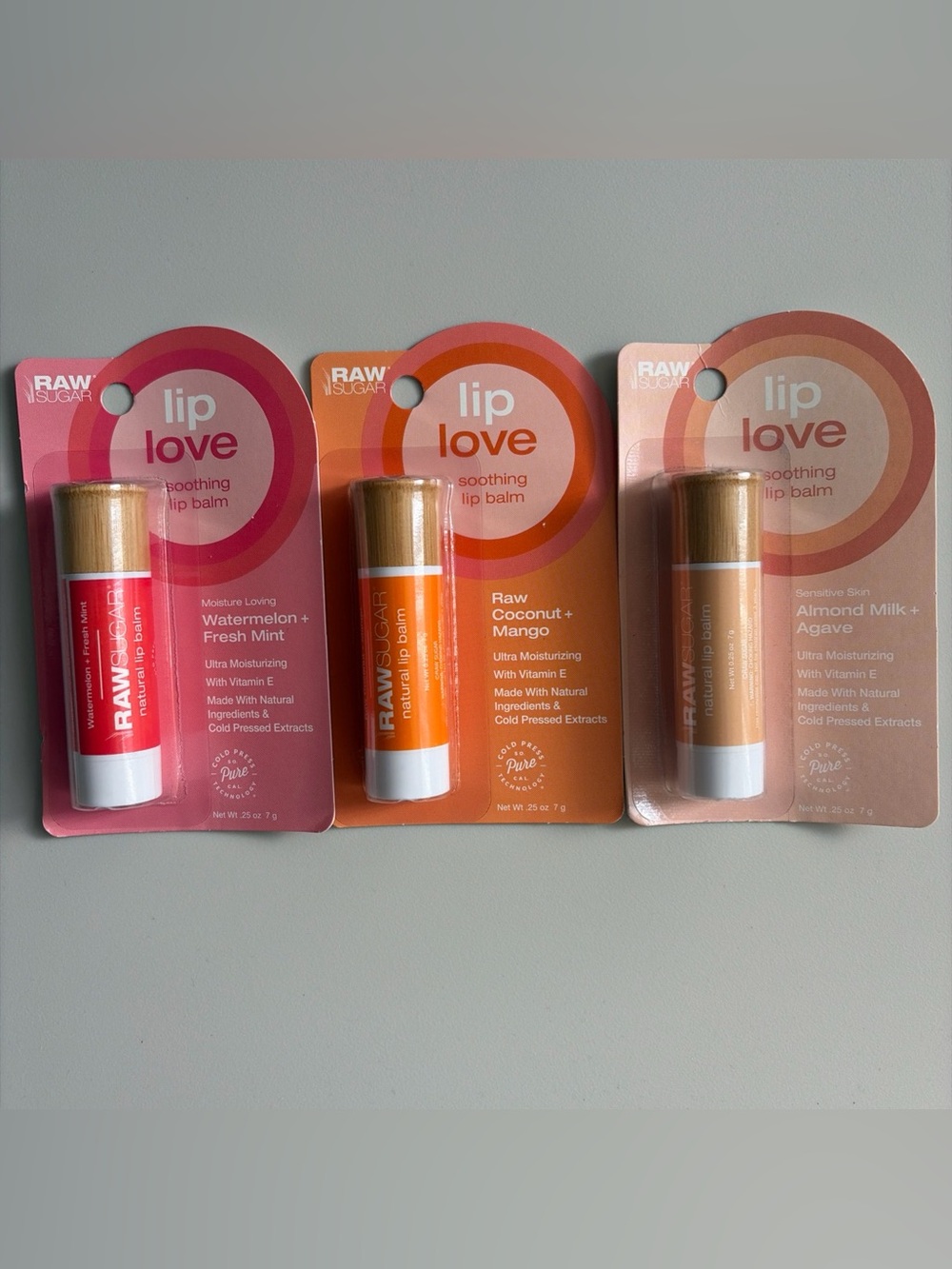 3 Raw Sugar Lip Love Lip Balms-Coconut Mango, watermelon mint, almond milk agave